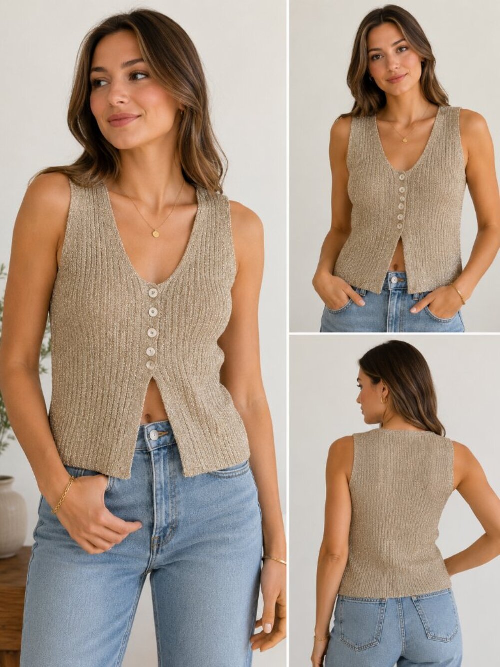 Line & Dot Metallic Champagne Gold Knit Button Front Vest Size S